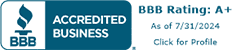 BBB Accredited Business badge displaying an A+ rating as of 7/21/2024, with the option to click for profile details.
